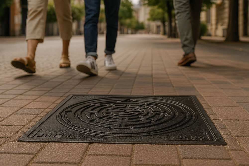 Capac de canalizare din compozit SMC montat pe trotuar urban, cu pietoni deasupra
